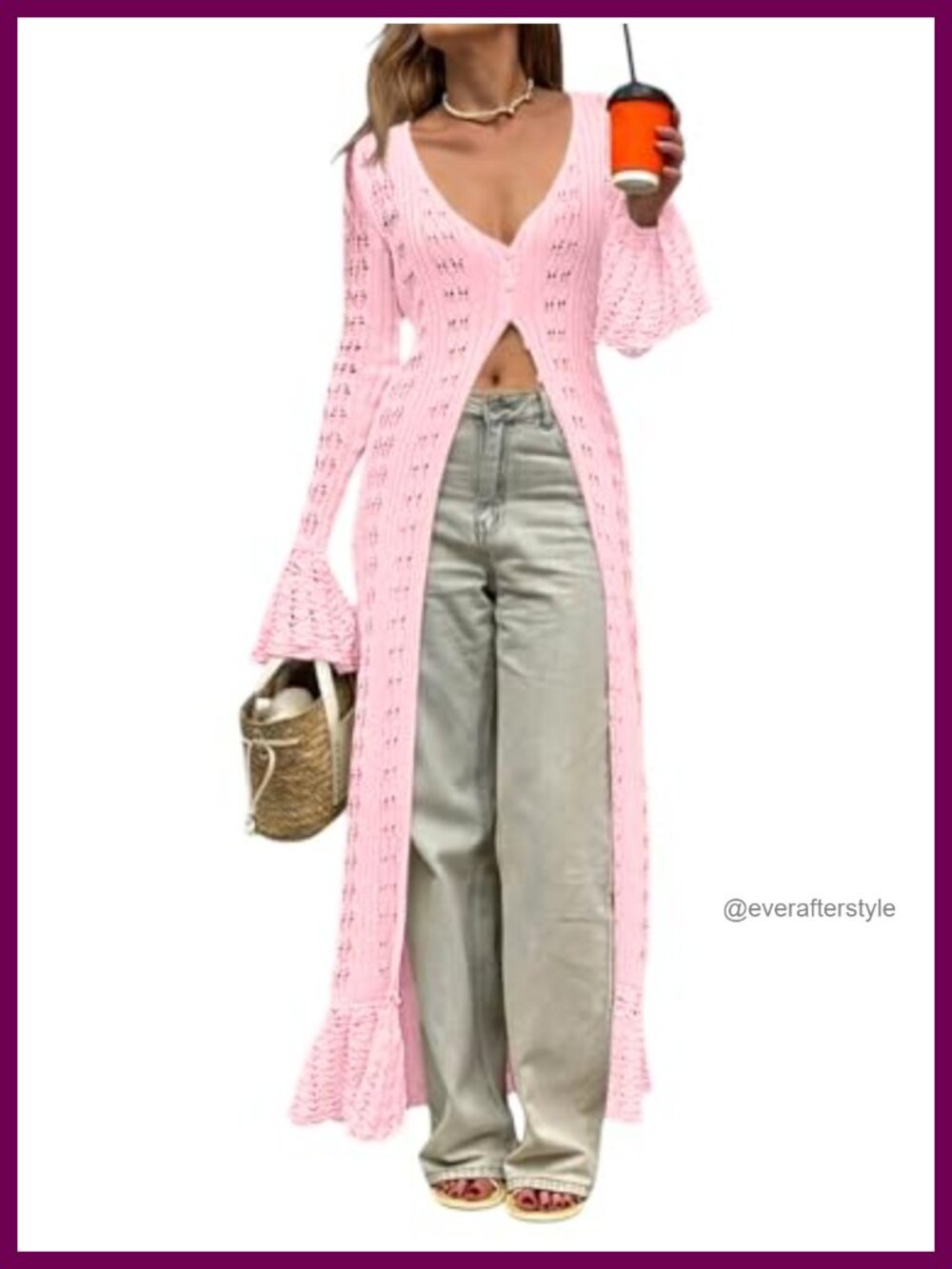 Crochet Long Cardigan Boho Bell Sleeve Lace Duster Coverup
